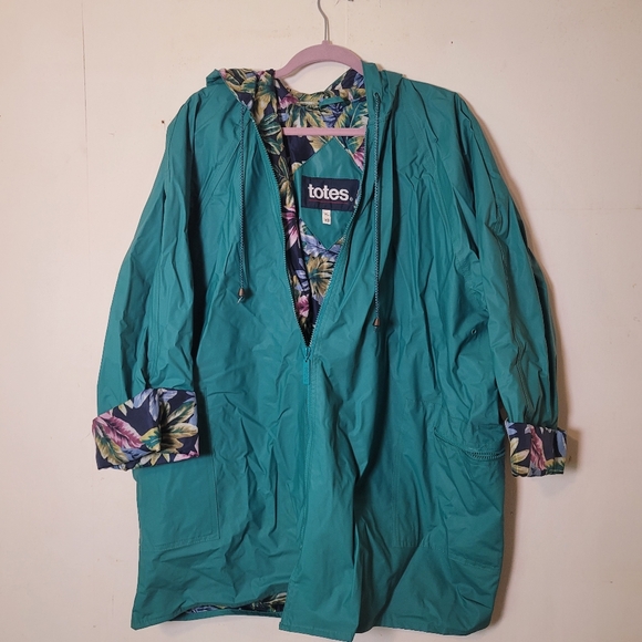 Totes Women's Teal Rain Jacket with Floral Lining Size XL - Picture 1 of 6